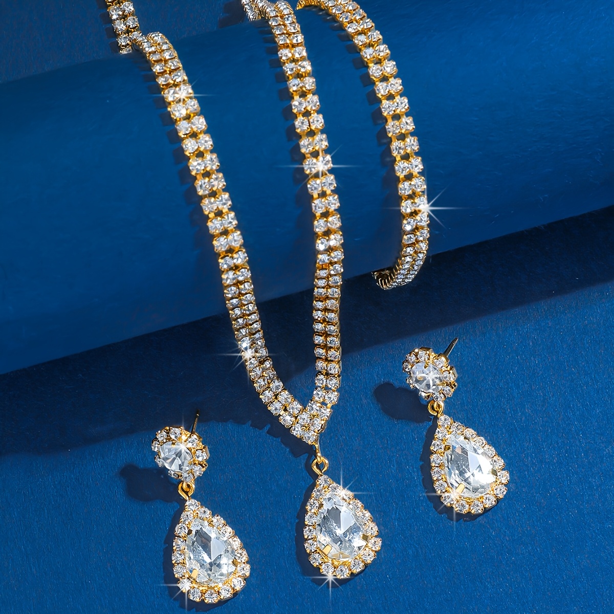 CZ Drop Necklace Ring Set Silver Plated Teardrop Pendants Earrings